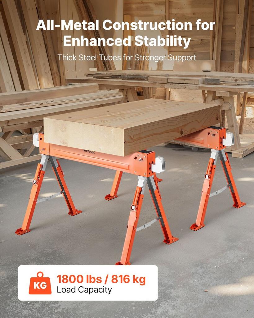 Saw Horses, 2 Pack Folding Work Horses, 816.5 kg Load Capacity Sawhorse with Heavy Duty Legs, Adjustable Height Saw Horse with Non-Slip Foot Pads, for