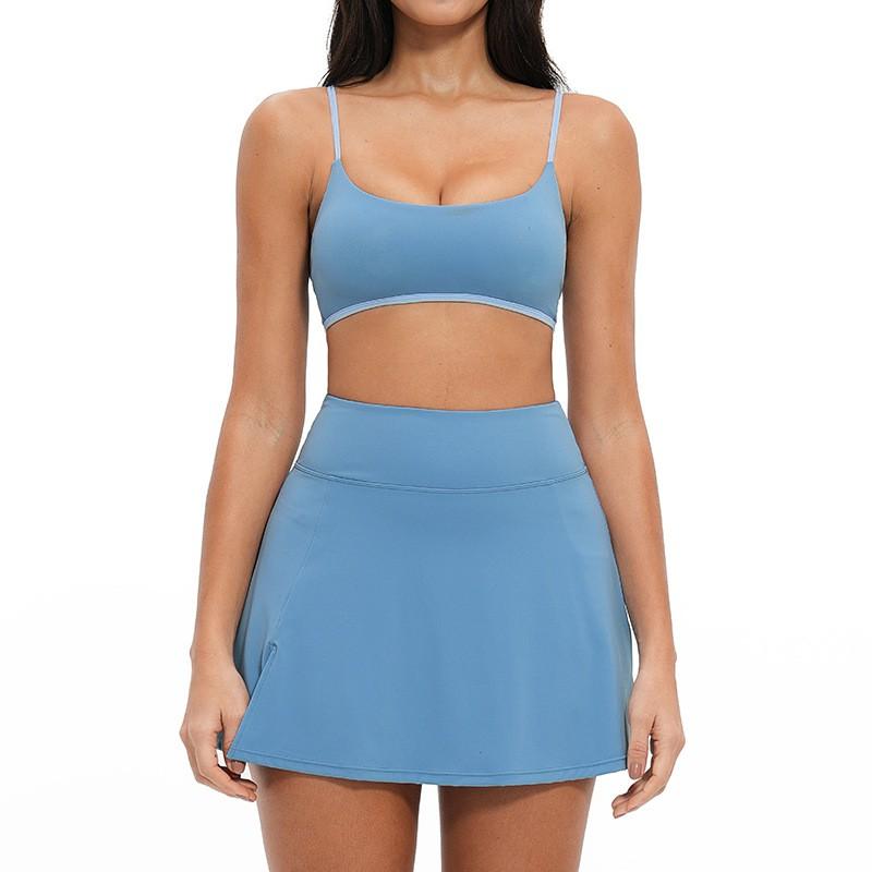 Womens Moisture-Wicking Tennis Skirt Set With Built-in Bra Sleeveless Sporty Two-Piece Outfit Running Gym Cycling
