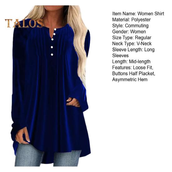 Женская бархатная рубашка с V-образным вырезом, пуговицами, полузастежкой, длинным рукавом, асимметричным подолом, однотонная блузка средней длины