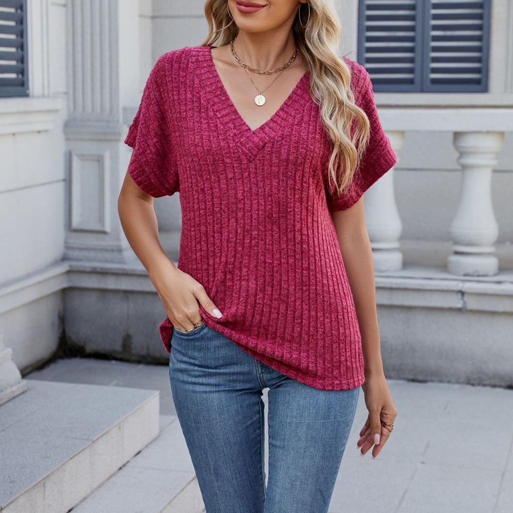 Женская мода повседневная футболка с коротким рукавом и V-образным вырезом, однотонная, базовая текстура