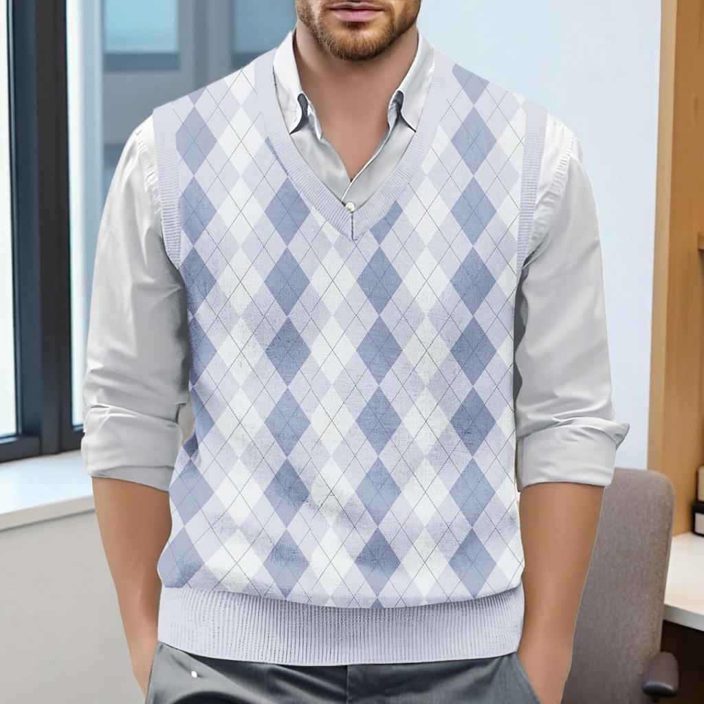 Мужской жилет без рукавов с клетчатым принтом и V-образным вырезом, вязаный джемпер