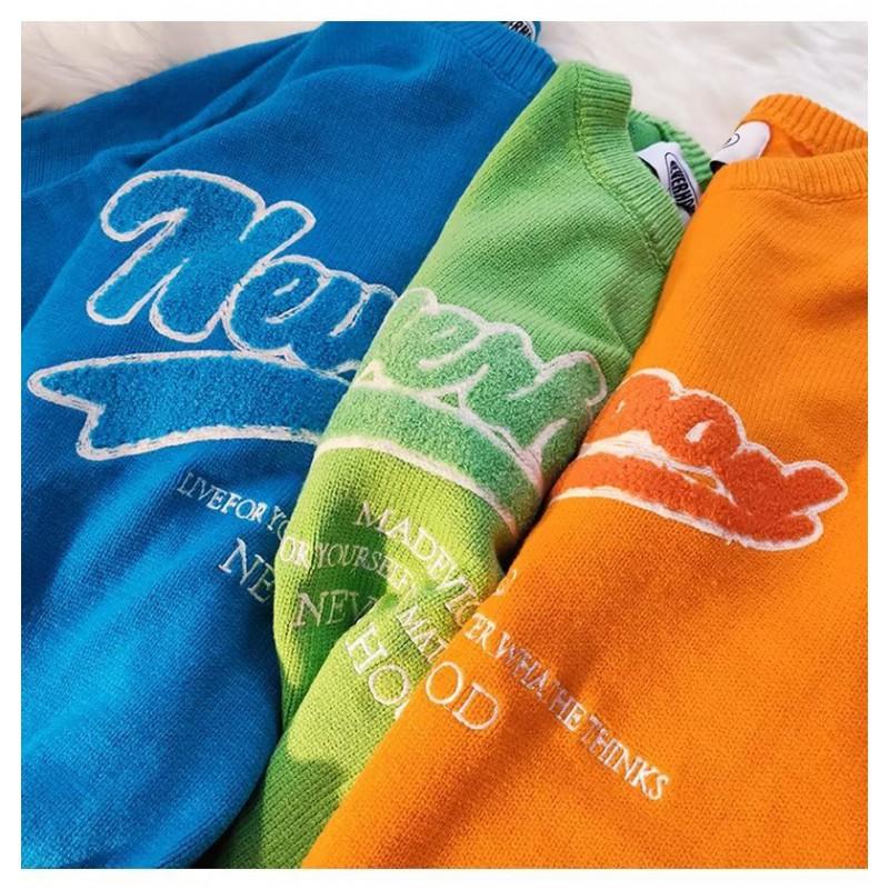 Unisex Oversized Retro Knit Sweater With Embroidered Letters Casual Cotton Blend Pullover Winter
