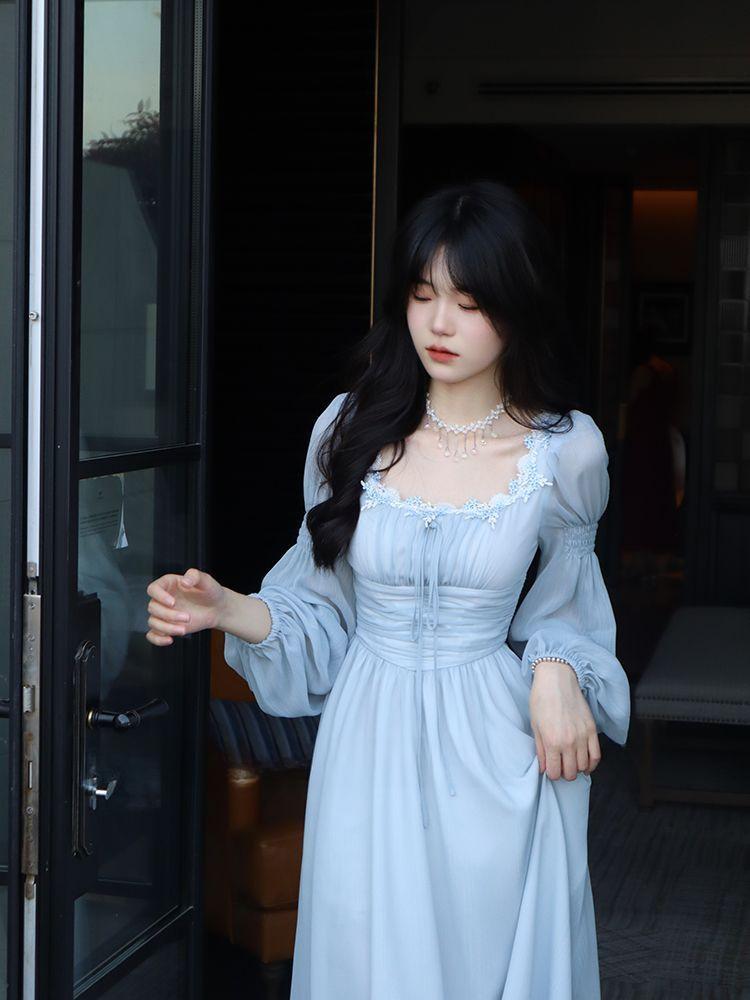 2024 Новая французская длинная юбка темперамент квадратный вырез шифон длинный рукав сказочный дворец ветер платье ранняя весна