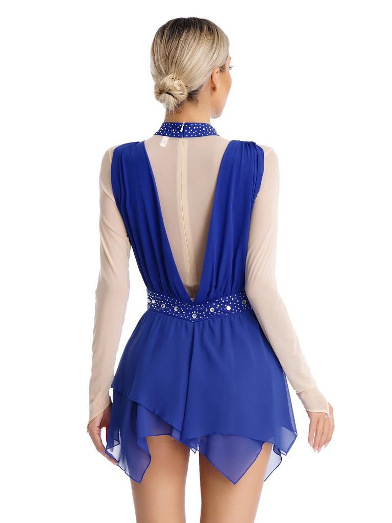 Шифоновое платье с длинными рукавами для фигурного катания, костюм для выступлений с воротником-стойкой, тюлевая юбка, купальник, современная танцевальная одежда