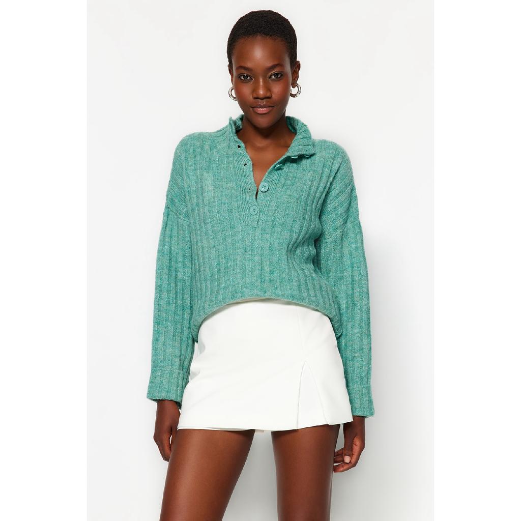 Бежевый вязаный свитер с широким узором и мягким текстурированным высоким воротником Twoaw21kz0783