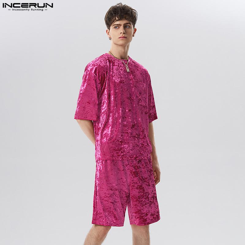 INCERUN Мужские комплекты из 2 предметов Pleuche с короткими рукавами, футболки и шорты, одежда для отдыха, свободный костюм