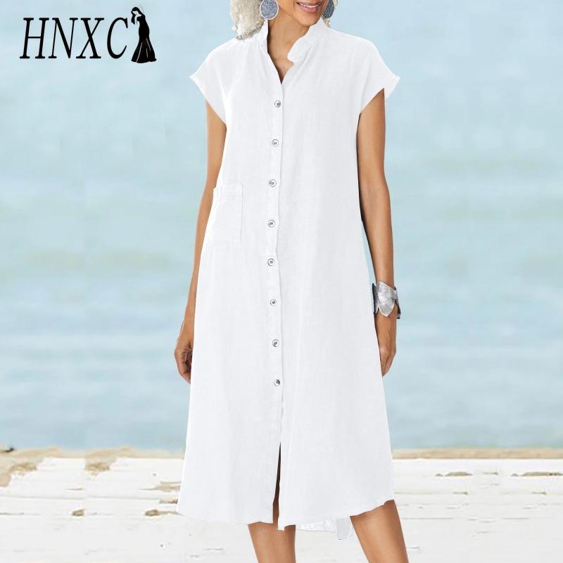 HNXC Женская мода лето весна однотонный принт поло воротник высокая талия повседневные платья