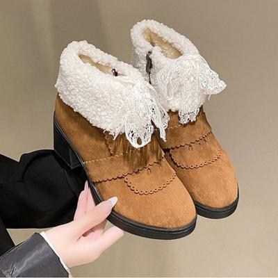 Высококачественные женские ботильоны на высоком каблуке и платформе, женские туфли на молнии с толстым каблуком, этнические кружевные, короткие лодочки