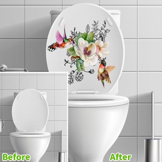 Flower Bird Toilet Sticker Waterproof Removable Self-adhesive PVC Living Room Bathroom Wall Art Floral Animal Toilet Seat Lid Decoration Decal