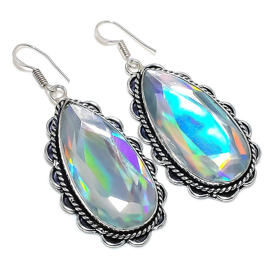 Mystic Topaz Gemstone 925 Sterling Silver Jewelry Gift Earring 2.56" i5M81