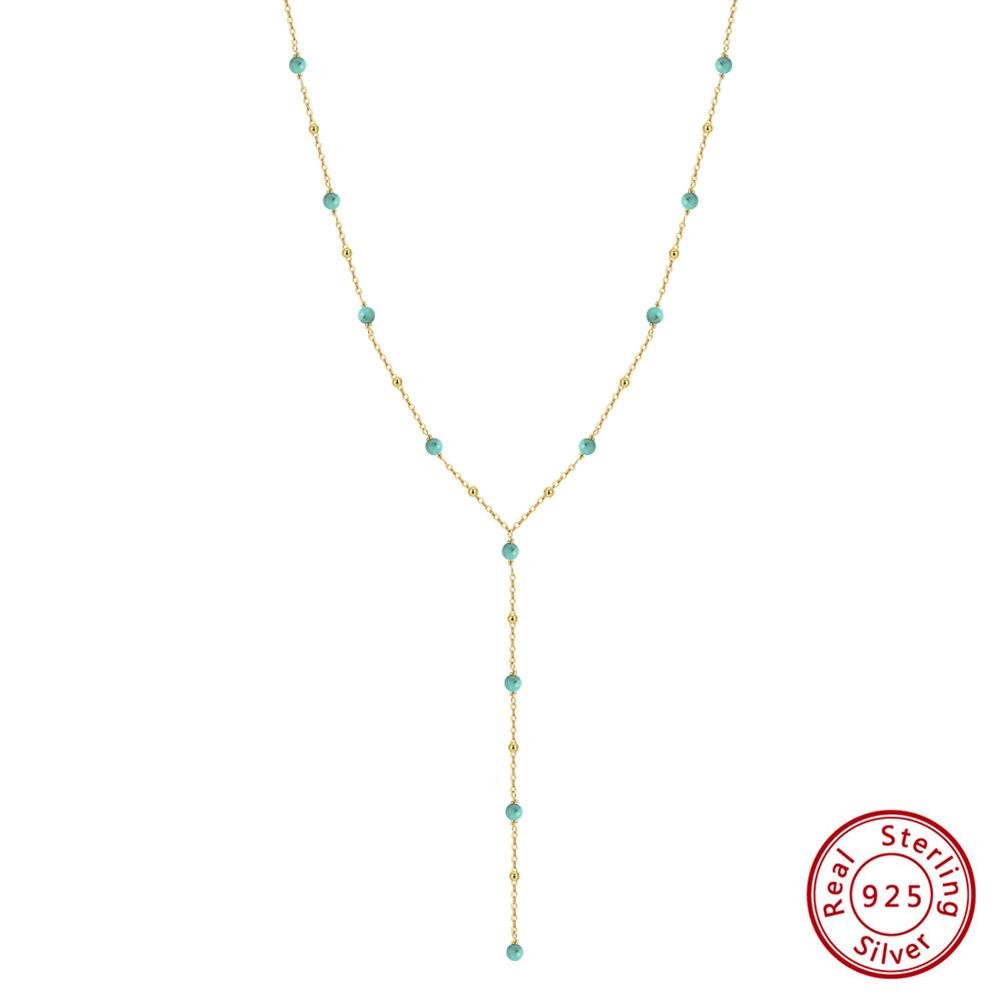 Factory S925 Sterling Silver Y-shape Turquoise Sweater Chain Necklace for Women Dainty Daily Wear Necklace Jewelry