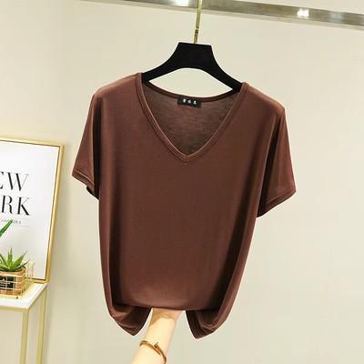Women Solid Color Modal V‑Neck Short Sleeve T‑shirt Plus Size Loose Casual Top Thin Inner Base Shirt Daily Wear Tee M‑XXL