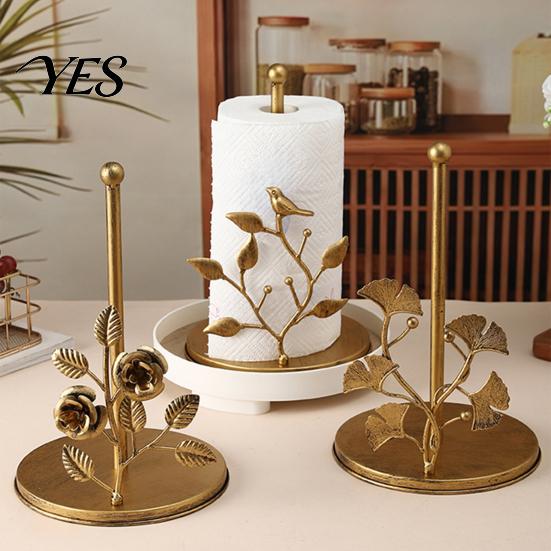 Waterproof Paper Towel Stand Holder Countertop, Bird Ginkgo Rose Roll with Stable Solid Wood Base Base, Vintage Metal Toilet for Kitchen, Living Room,
