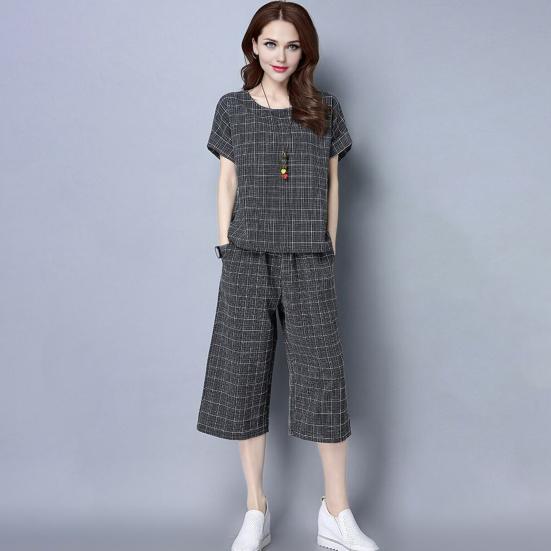 Женский клетчатый комплект из 2 предметов: повседневный комплект из топа с круглым вырезом, короткими рукавами, укороченными брюками и карманами, летний свободный комплект для отдыха