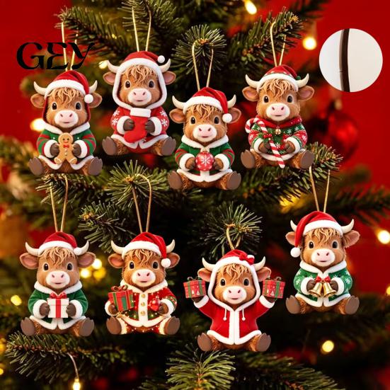 Wooden Hanging Decor for Christmas Tree Highland Cow Ornament, 2D Cute Shape Ornaments with String, Farmhouse Animal Holiday Party Decoration