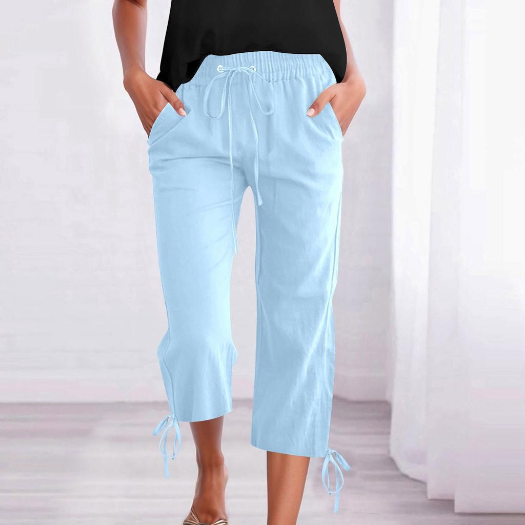 Женские повседневные однотонные свободные прямые укороченные брюки из хлопка и льна с завязками на шнурке и карманами