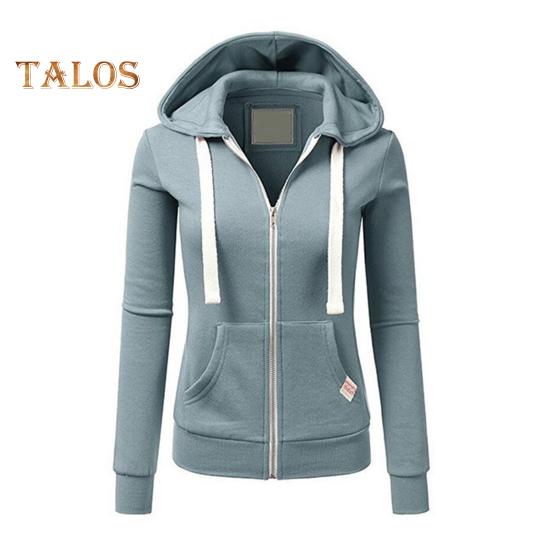 Fall Winter Women Jacket Drawstring Hooded Zip-up Long Sleeves Pure Color Slim Fit Elastic Cuff Cardigan Pockets Sport Fitness Coat