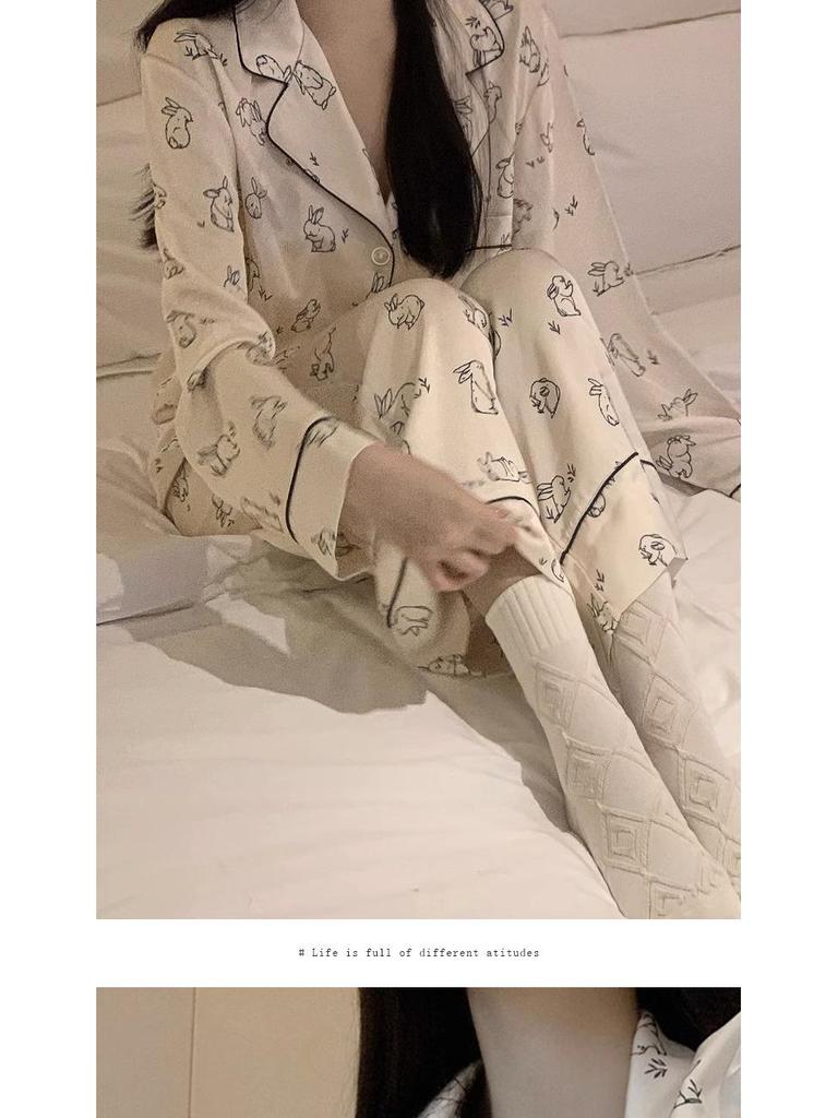 Women's Cute Korean Rabbit Ice Silk Pajamas - Long-Sleeved Spring/Autumn Suit