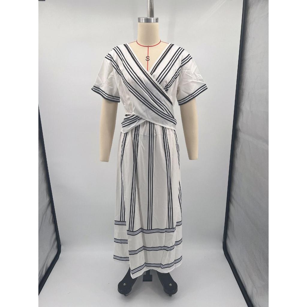 Women's V Neck Short Sleeve Maxi Dress Loose Fit Mid Waist Elegant Striped Wrap Dress