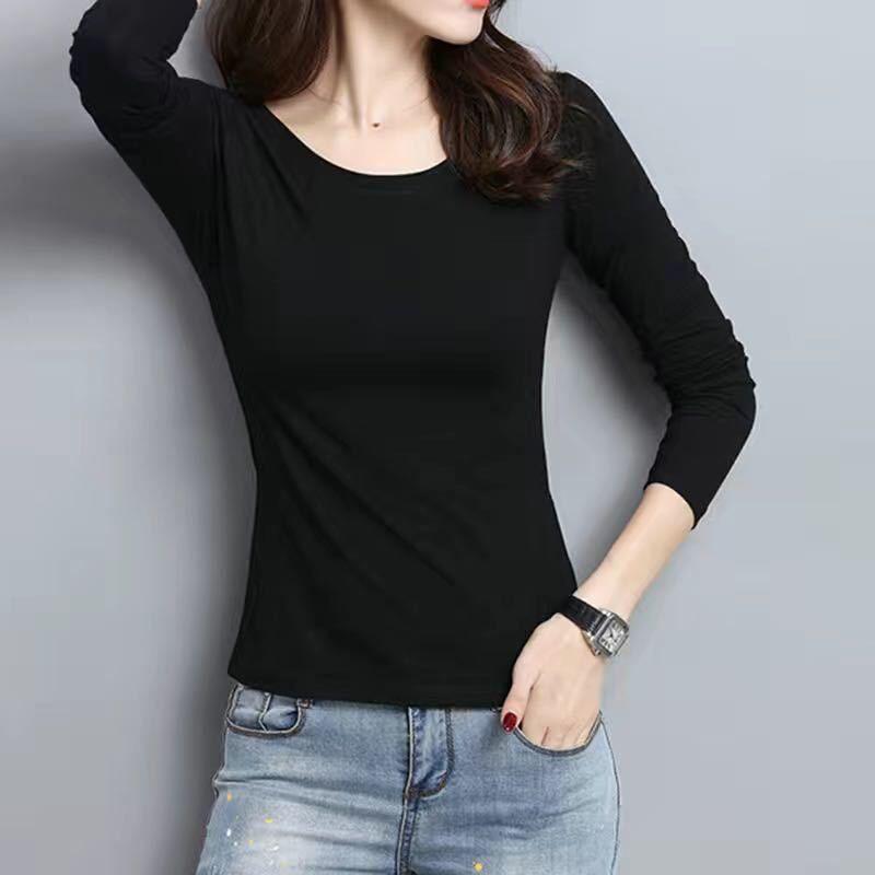 Женская футболка с длинным рукавом приталенного силуэта в корейском стиле, с круглым вырезом, большого размера, однотонный топ для весны и осени
