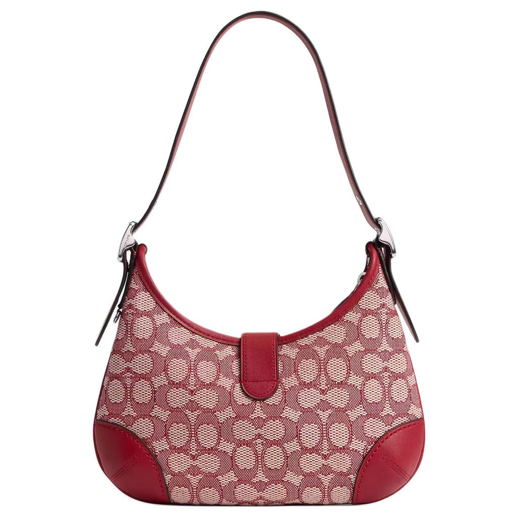 Coach Hamptons 26 Signature Print Fabric And Leather Shoulder Bag Medium Women shoulder bag Silver Ruby Ivory CY931-LHXJA