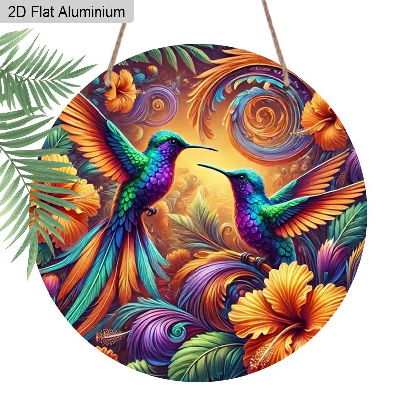 2D Flat 1pc Vintage Colorful Hummingbird Aluminum Sign Round Ornament, Home Office Garden Courtyard Living Room Balcony Decor, Indoor/Outdoor Door