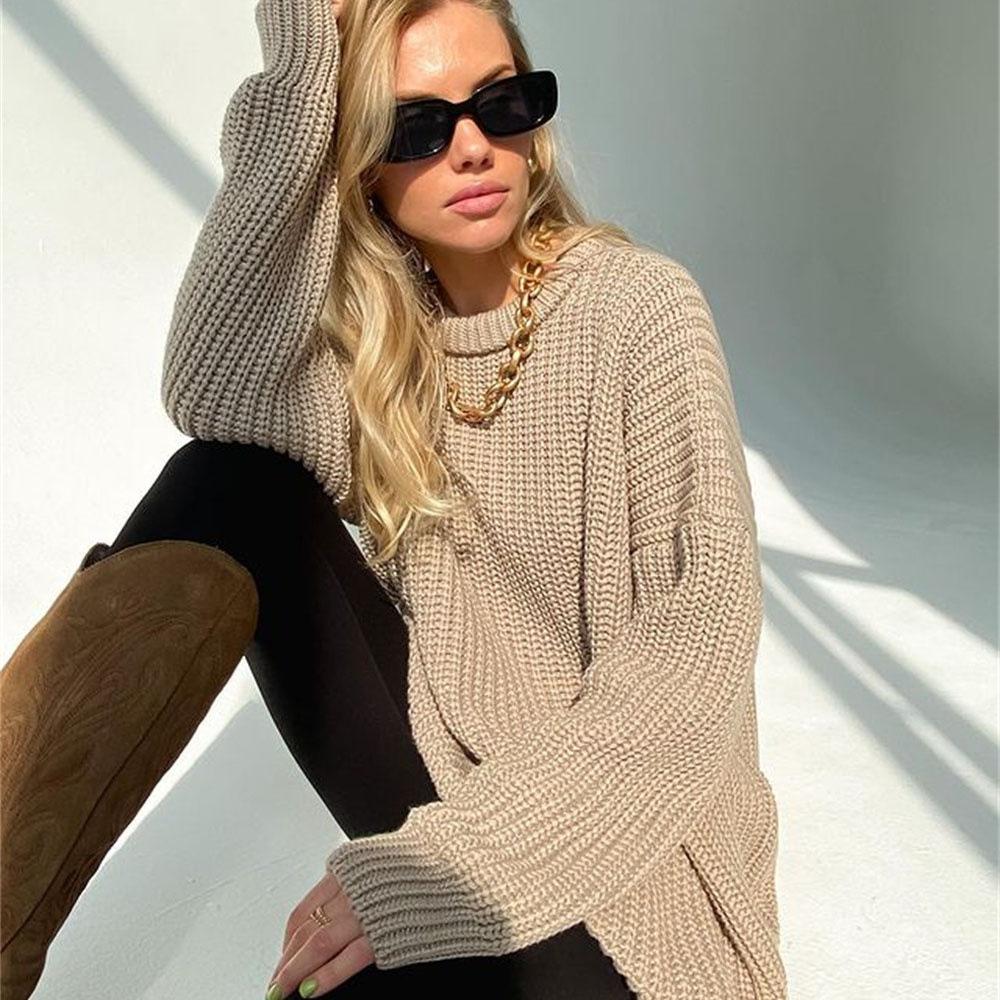 Осень-зима, свободный свитер с длинным рукавом и круглым вырезом «Ленивый ветер», женская верхняя одежда, однотонный пуловер, вязаные топы