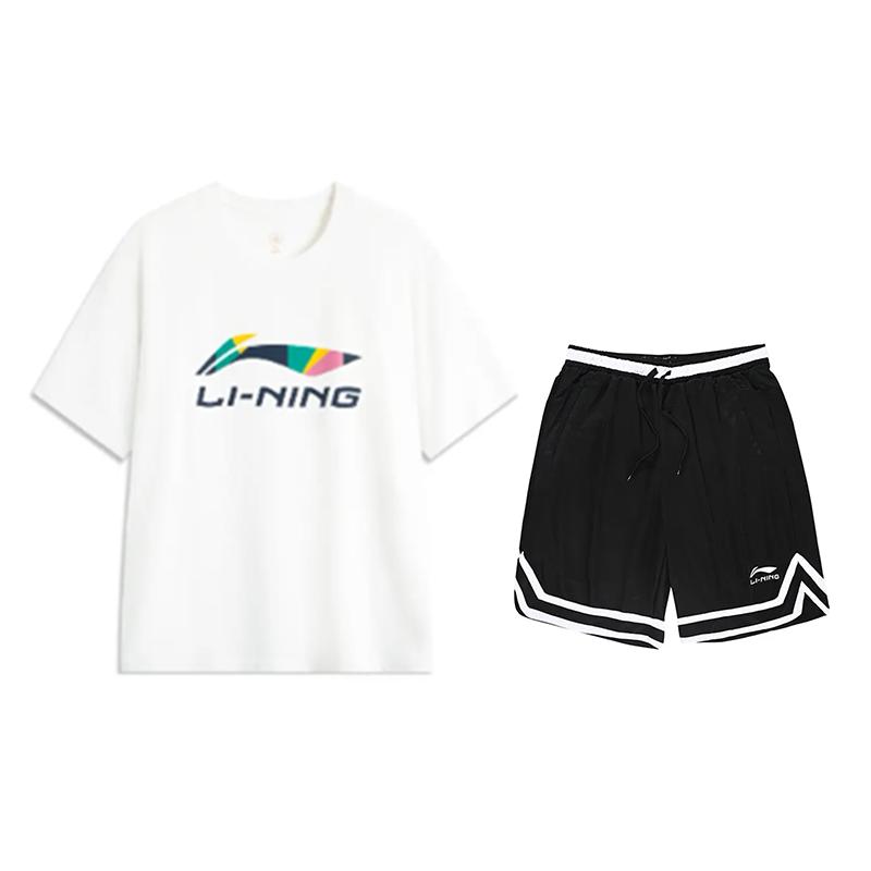 Футболка с коротким рукавом с большим логотипом Li Ning, специальная для соревнований, шорты миди с пятью точками, повседневный спортивный костюм, унисекс, спортивная одежда AHSVD61-1+YAPV001-1