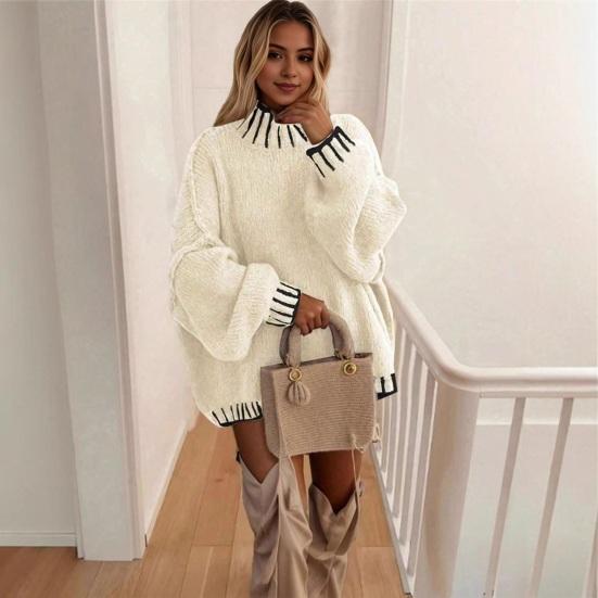 Women Oversized Pullover Sweater Turtleneck Long Sleeve Patchwork Color Winter Knitting Tops Loose Fit Thickened Knit Jumper Tops