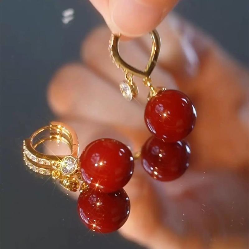 High End Red Pearl Earrings for Women, Light Luxury, Agile and Diamond Studded Temperament Earrings