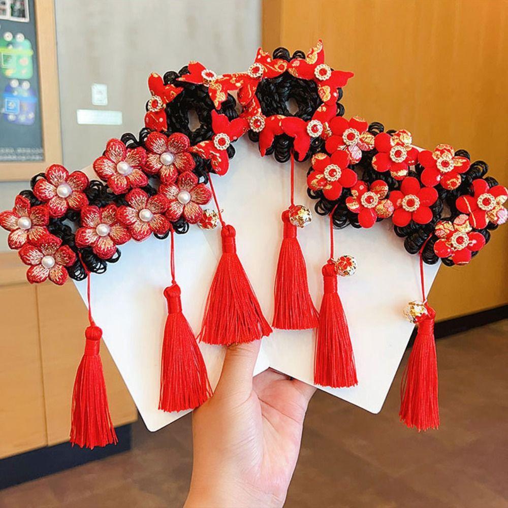 Flower Children Hanfu Hair Ring Red Ancient Style Scrunchines Bow Wig Braid Hair Rope  Baby