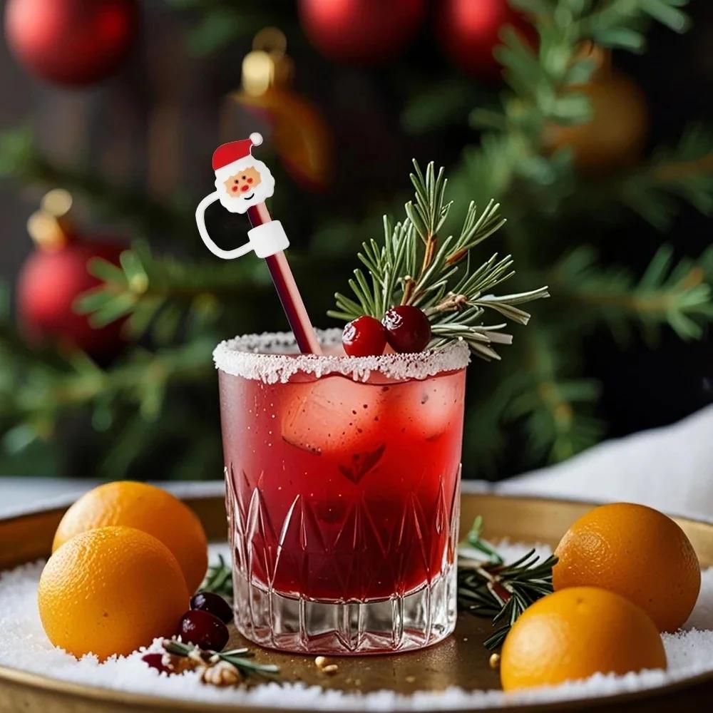 5Pcs Christmas Straw Hat Cup Silicone Straw Topper Tumbler with Handle Dust-Proof Reusable 10mm Beverage Straw Topper