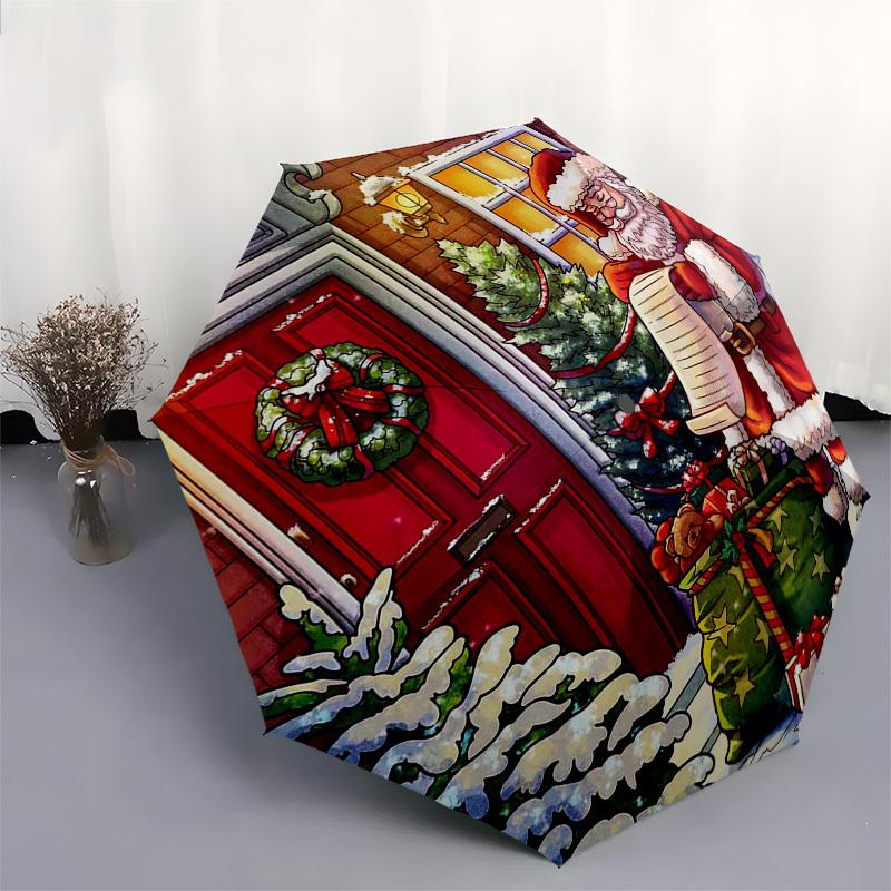 1pc Christmas Santa Claus Scene with Festive Gifts Automatic Opening Umbrella with Foldable Design, 8-Iron Frame, Perfect for Fans, Travelers, Daily U