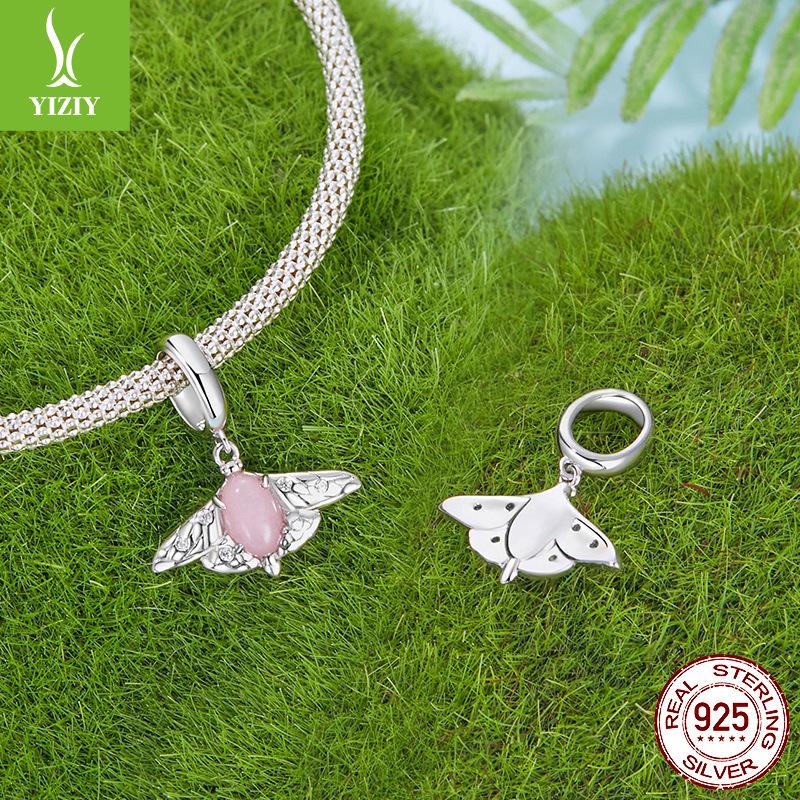 Natural Jade Moth Pendant, Children'S Fun Creative Diy Bracelet Accessories Insect 925 Sterling Silver Beads