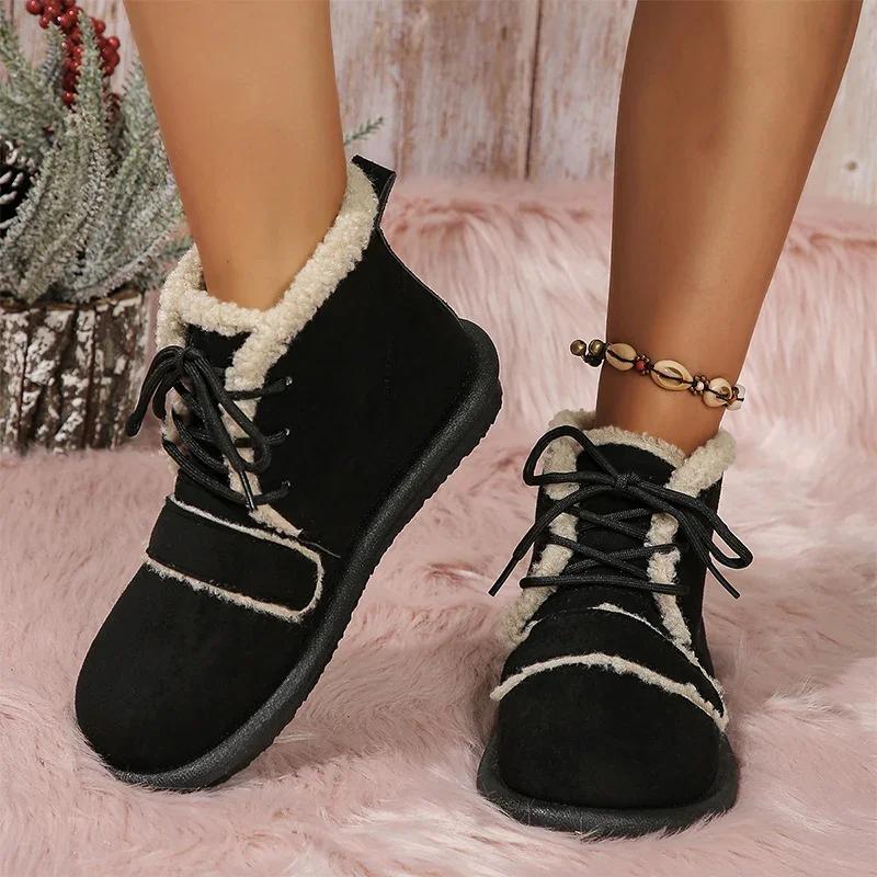 Модные женские туфли на плоской подошве из замши, зимние короткие плюшевые теплые ботинки, новинка 2024 года, прогулочные хлопковые туфли на шнуровке, повседневные женские туфли Zapatillas