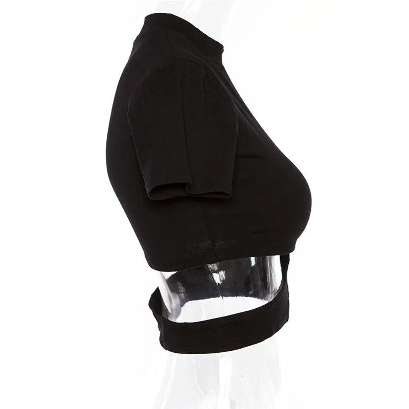 European and American Style Spicy Girl Spring and Summer Round Neck Short Sleeved Sexy Hollow Out T-shirt Women's Short Open Waist Top