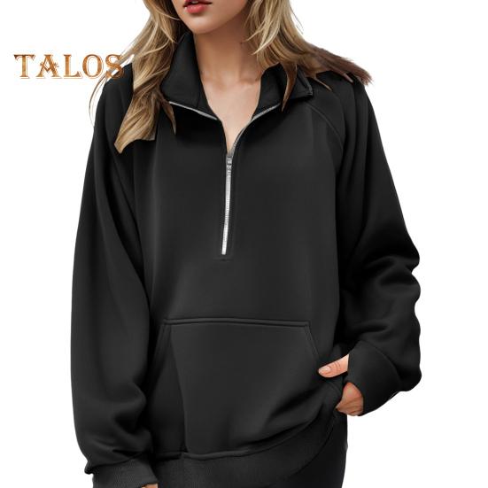 Женская толстовка осень-зима с застежкой-молнией на лацкане, с длинным рукавом и передним карманом, пуловер, однотонный свободный спортивный свитшот