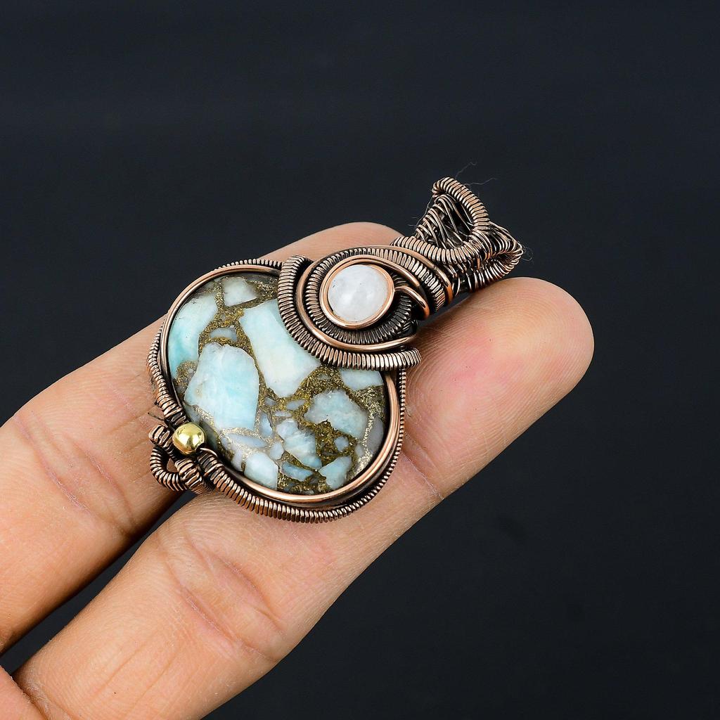 Медный кулон с ларимаром, драгоценный камень, украшения ручной работы, кулон, обернутый медной проволокой 999 пробы, ювелирный подарок для жены