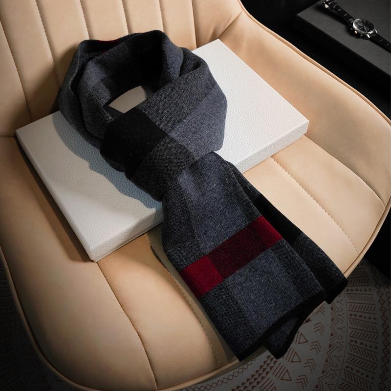 Pure Wool Plaid Scarf Men's Autumn and Winter Versatile Warm Thickened High-end Men's Scarf New Scarf