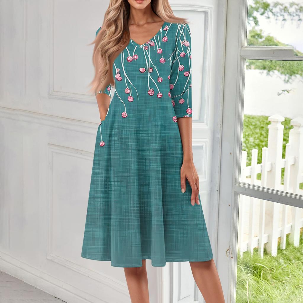 Женское повседневное модное платье миди с V-образным вырезом и рукавом три четверти