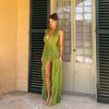 European and American style pleated neck split open back ruffle edge streamer evening dress island vacation beach skirt