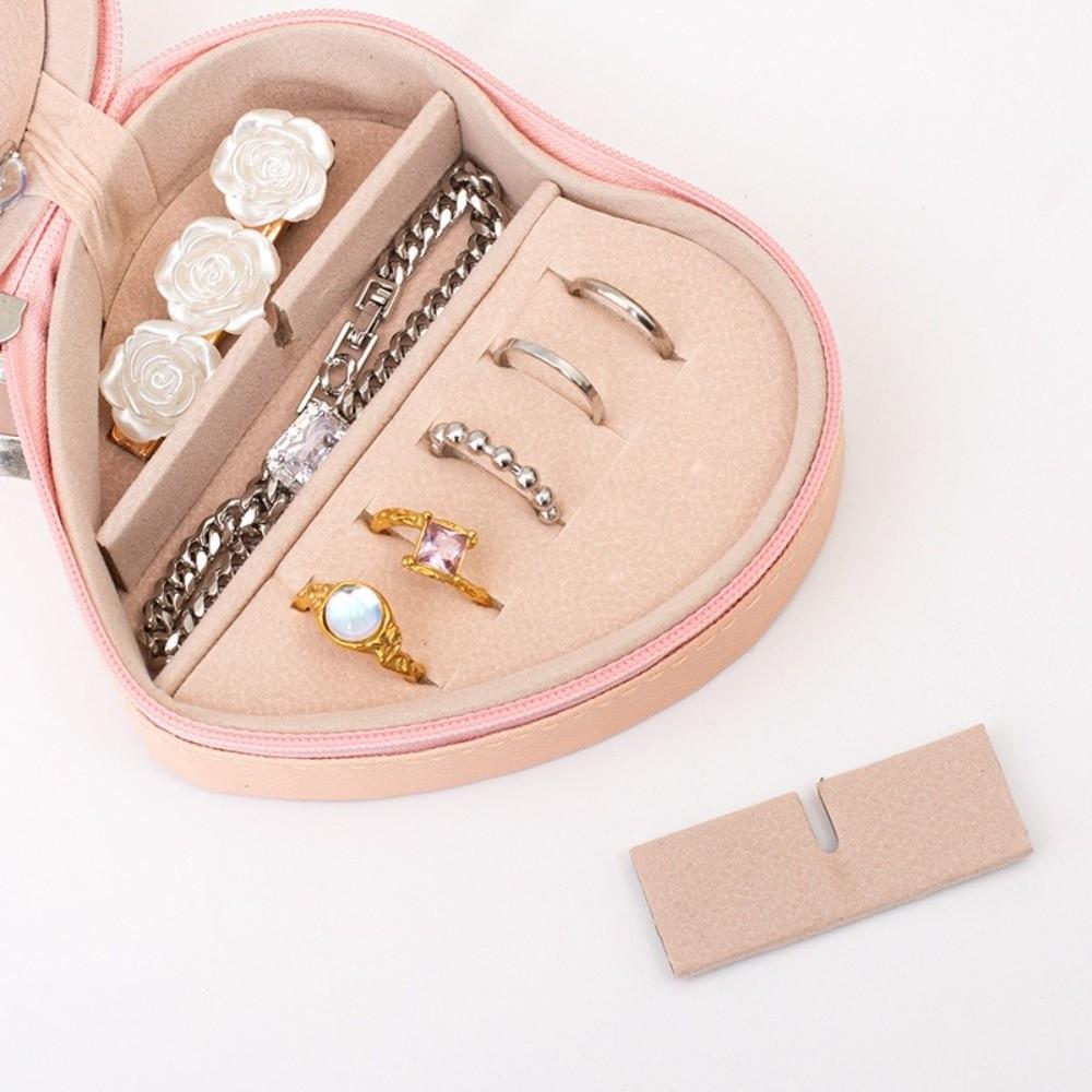 Portable Leather Jewelry Box Solid Color Zipper Closure Jewelry Case Heart-Shaped Earrings Storage Box Jewelry Storage