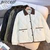 Soft Sheepskin Winter Diamond-Quilted Cotton Jacket Short Fit Loose Collar Cotton Coat for Women