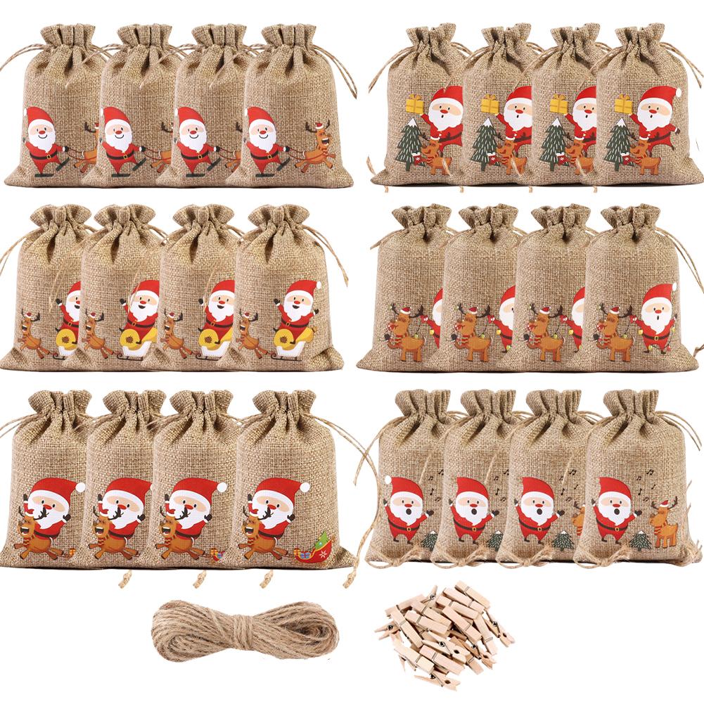 24 шт. Рождественский адвент-календарь своими руками, подарочные пакеты, 24-дневный рождественский адвент-календарь, тканевый подарочный пакет с завязкой, рождественское украшение