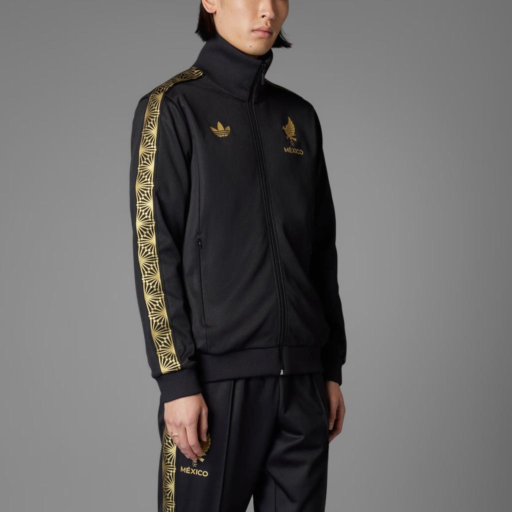 adidas Мексика FMF Золотая спортивная куртка с длинным рукавом Приталенная с резинкой Воротник-стойка Полная молния Логотип Трилистник Спортивный образ Куртка Мужская Черный Золотой JE5335