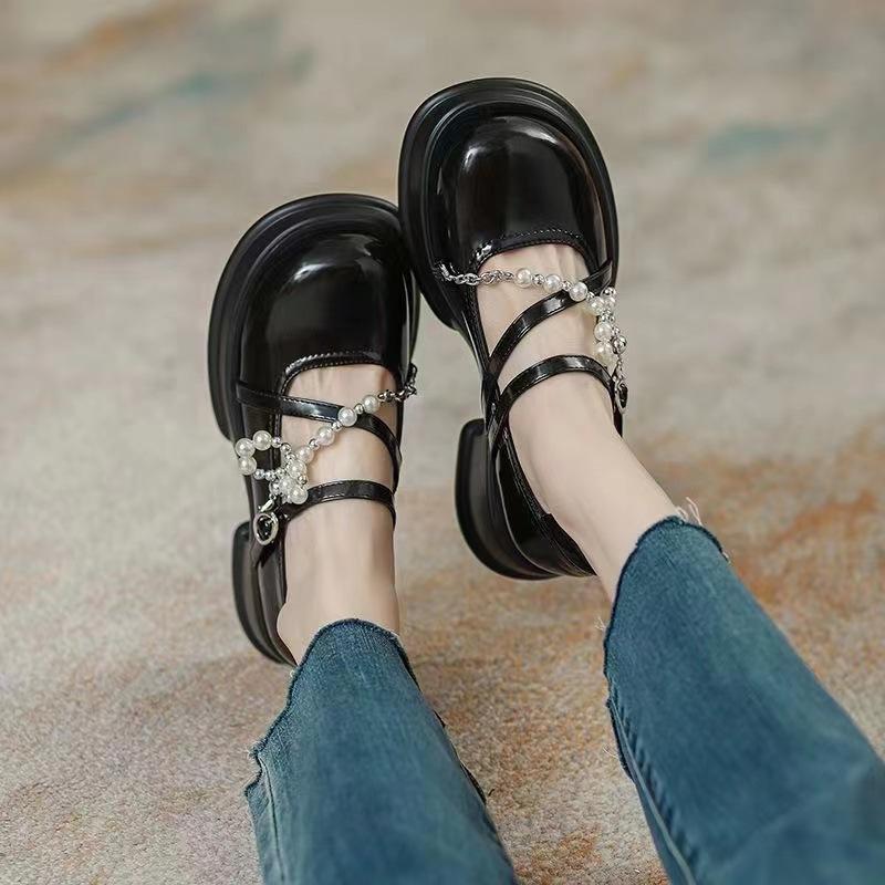 Туфли Мэри Джейн на толстой подошве, женские мокасины в стиле колледжа, туфли с жемчужной цепочкой и сотней, одинарные туфли