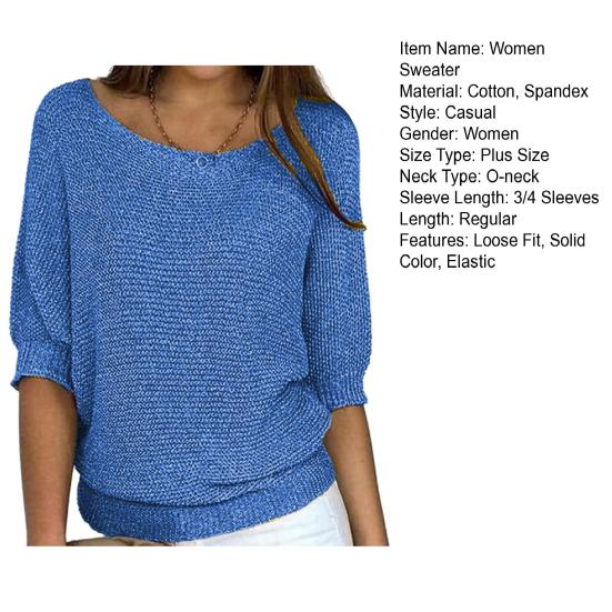 Женский осенне-зимний однотонный вязаный свитер с круглым вырезом и рукавами 3/4, свободный пуловер, топы, трикотаж