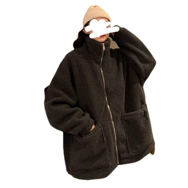 Осень и Зима Корейская Версия Свободная Бархатная Утолщенная Ветровка с Вышивкой Букв и Молнией Женская