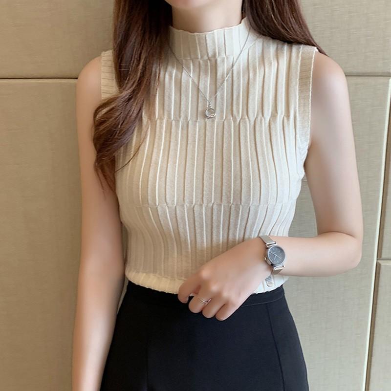 Women Solid Half Turtleneck Slim Knitted T-Shirt