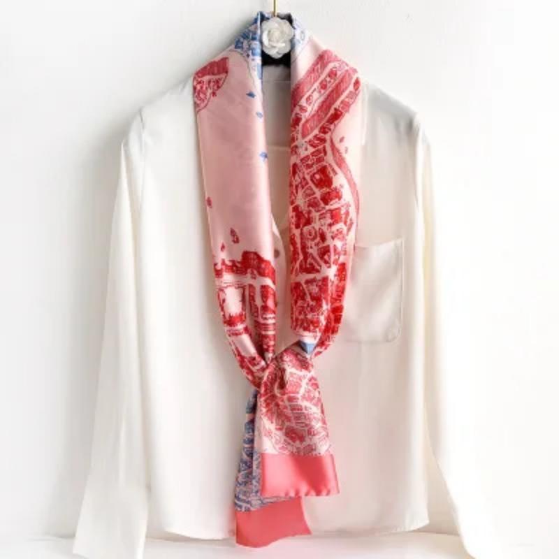 Хиджаб Натуральный Длинный Шелк Женский Принт Элегантные Шейные Платки Лента для Волос Головная Повязка Завязка Украшение Ручки Сумки Фуляр Воротник Косынка